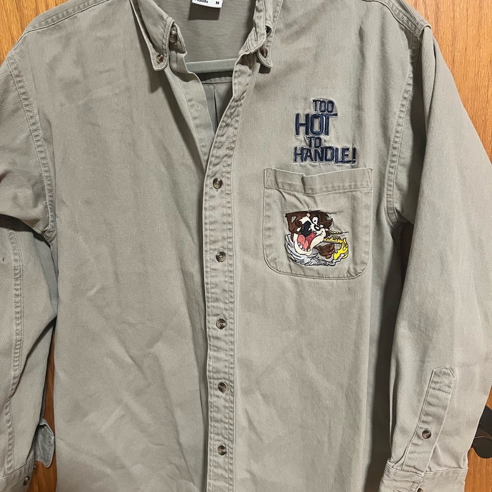 Warner Bros. Taupe Button-Down Shirt with Embroidered Pocket Graphic